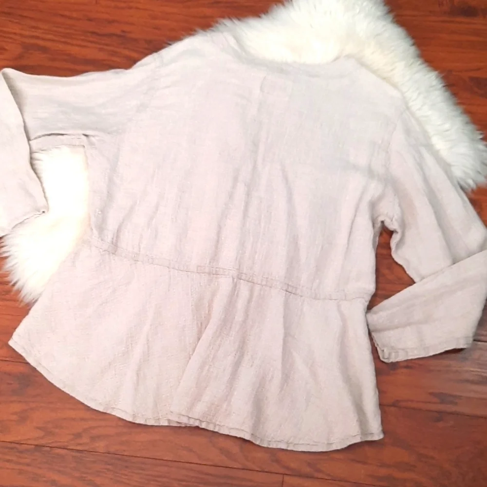 FLAX Cotton Neutral Fitted Longsleeve Button Front Blouse - Picture 2 of 5